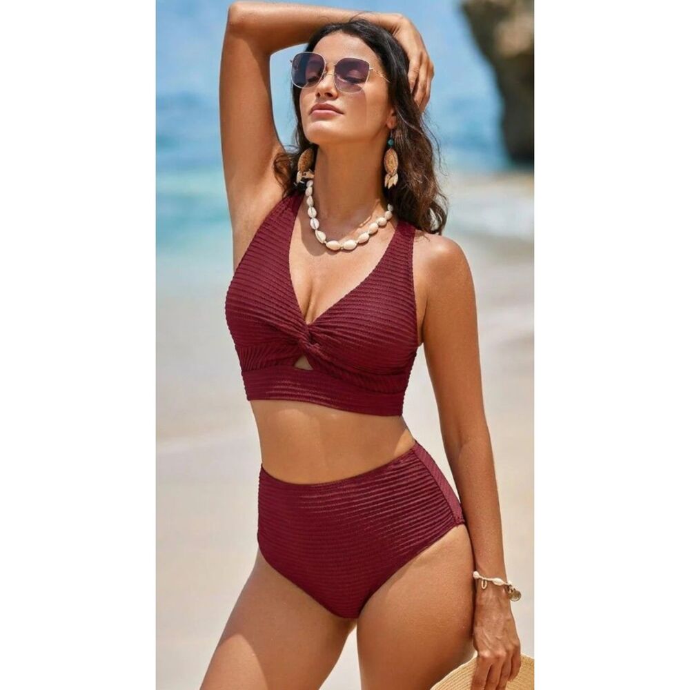 NEW NWOT Burgundy Sz Medium Twist Front Top & High Waisted 2 Pc Lined Bikini